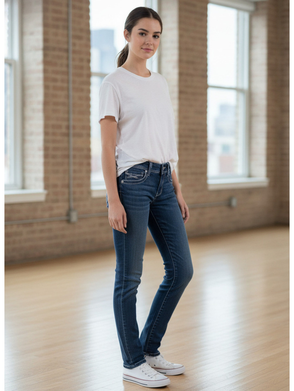 BKE Women’s Blue Dark Wash Mid Rise Slim Skinny Jeans 5-Pocket Logo 26L